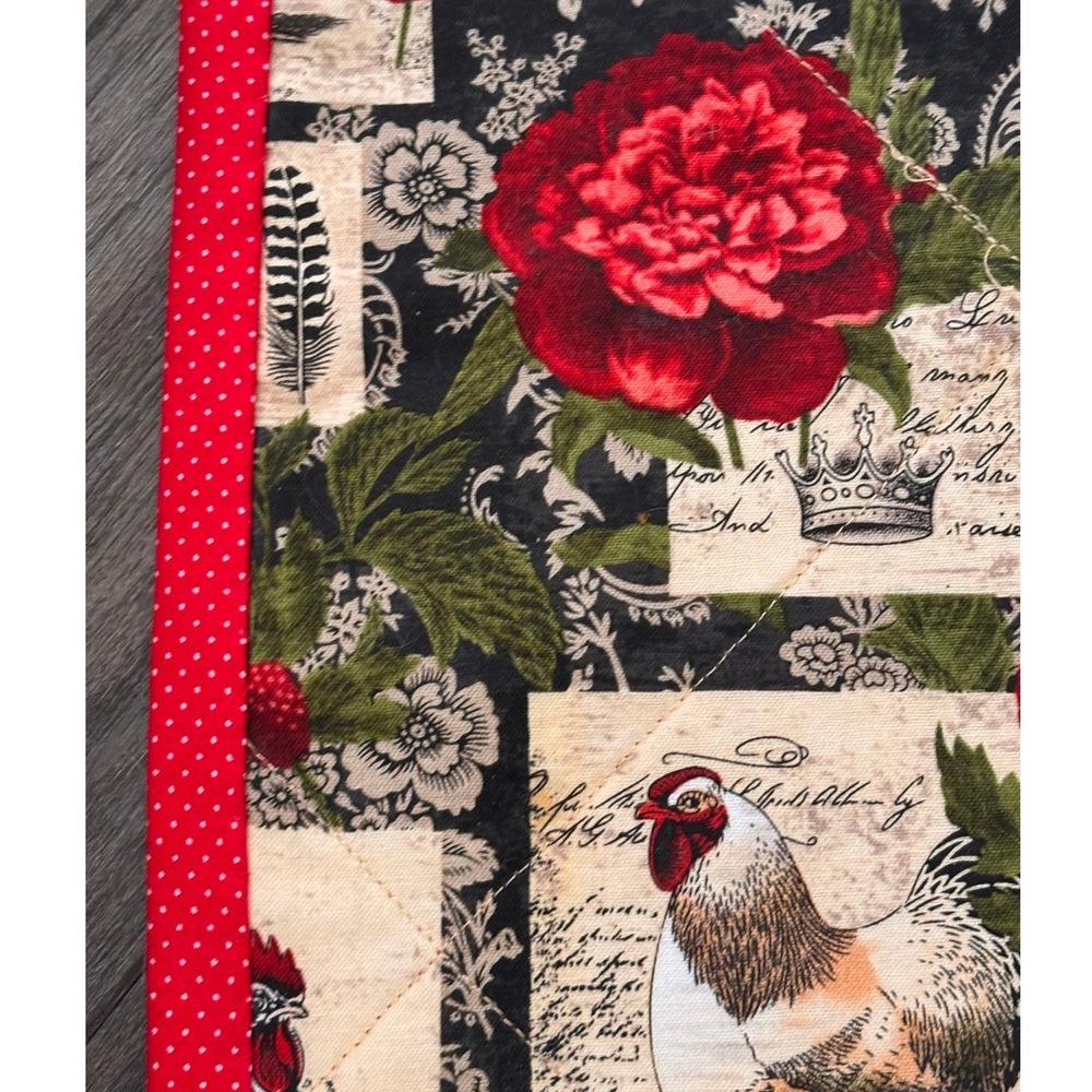 Cottage Core Rooster Peony Quilted Table Runner French Country Red Black 41x26